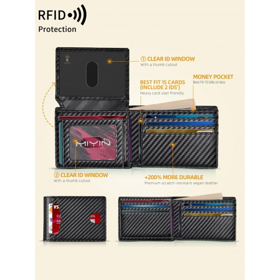Carbon Fiber Minimalist Ultra-thin Trifold Wallet RFID Men's Wallet with ID Window and 13 Card Slots Coin Purse Card Holder