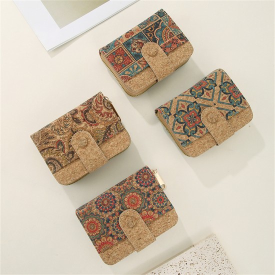 ISKYBOB Vintage Printed Cork Short Wallet for Men Women Wood Grain Multi-functional Card Holder Portable Zipper Coin Purses