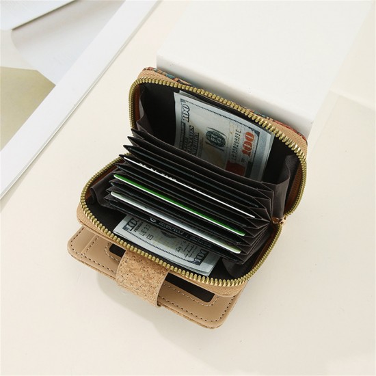 ISKYBOB Vintage Printed Cork Short Wallet for Men Women Wood Grain Multi-functional Card Holder Portable Zipper Coin Purses