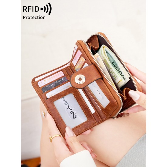 New Women's Wallet Retro Trifold RFID Short Wallet Fashion Large Capacity Buckle Zipper Coin Women's Coin Purse Card Holder